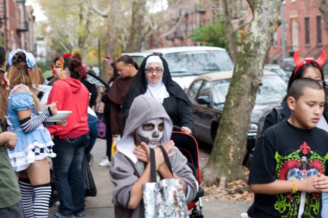 Trick-or-treaters in NYC on Halloween.